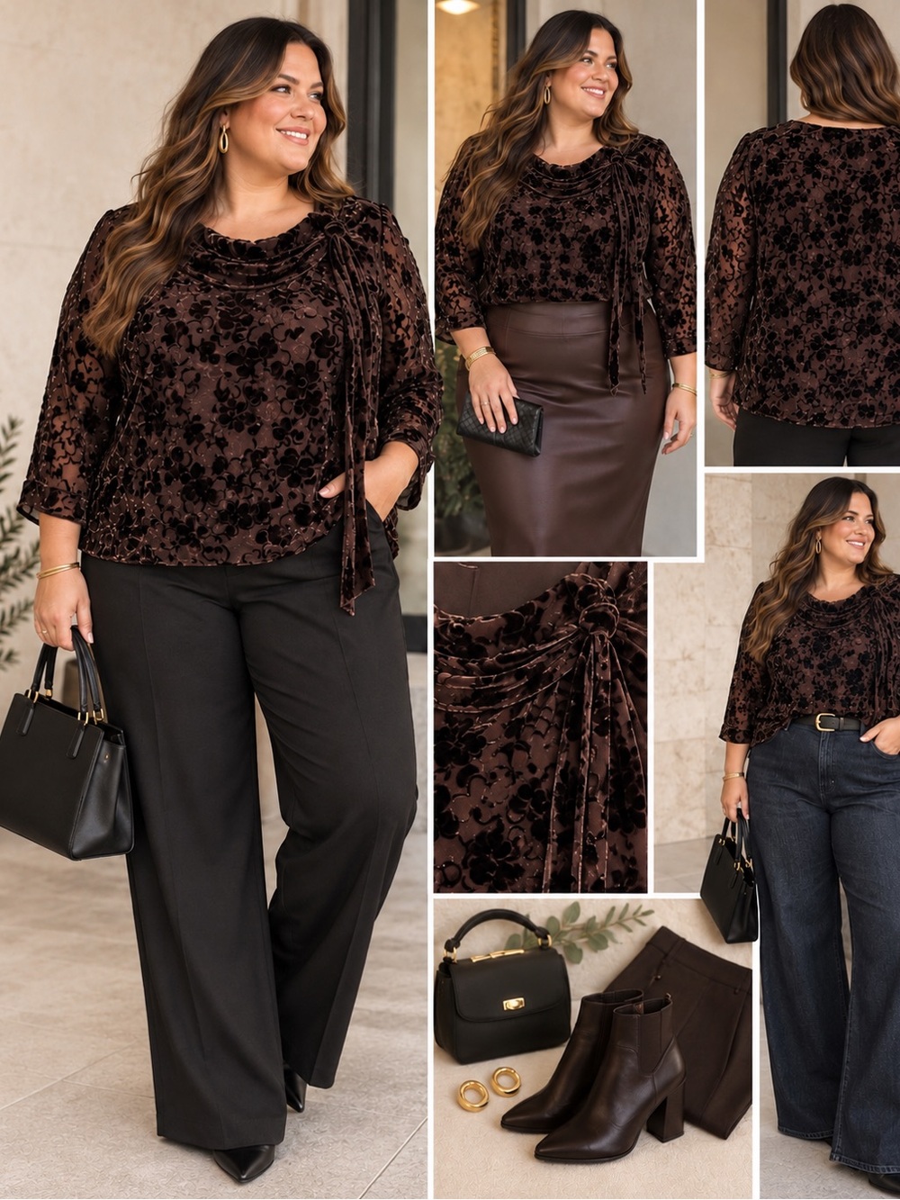 🤎 Bob Mackie Studio Size 4X Velvet Floral Burnout Blouse